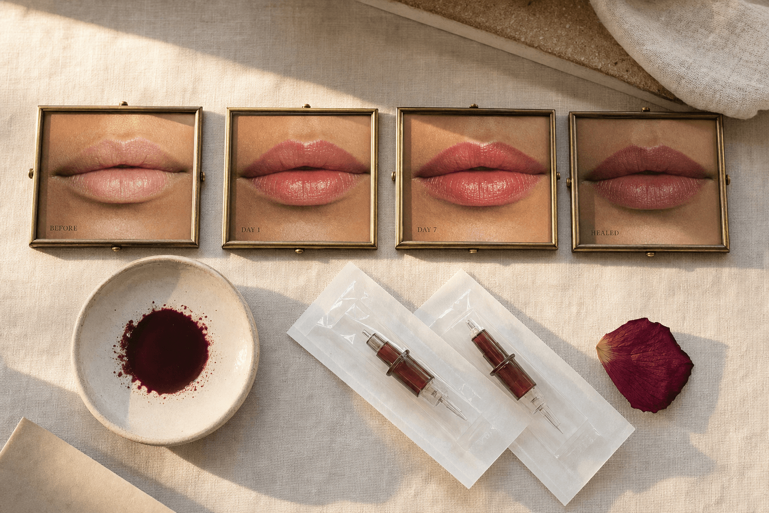 The lip blushing healing timeline shown in four framed photographs